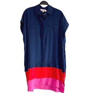 Diane Von Furstenberg S Hatsu Tiered Silk‎ Shirt Navy, Red, and Pink Dress